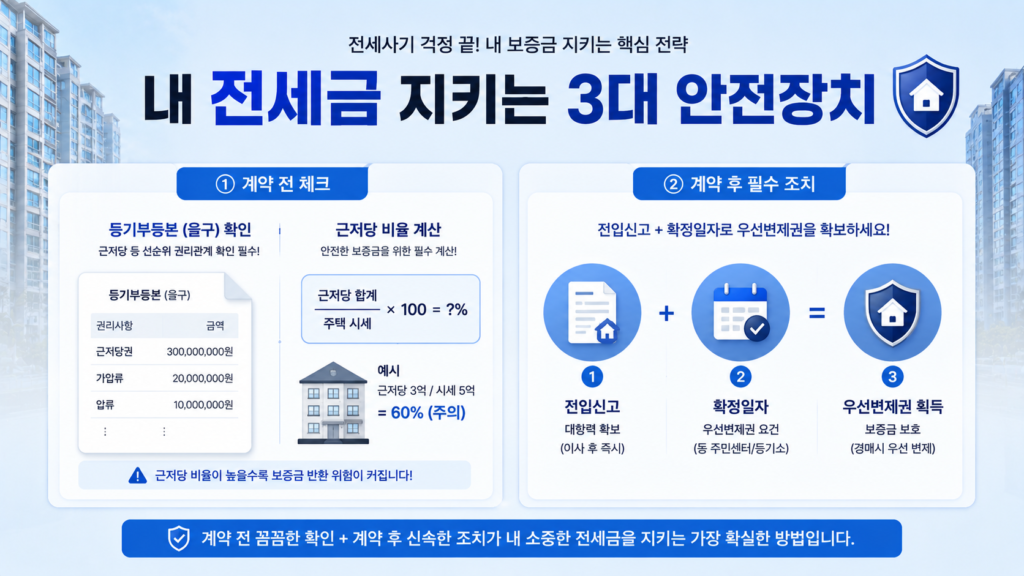 임대차 계약 전 등기부 확인 사항과 계약 후 대항력 확보 단계를 대칭형 구조로 비교한 요약 인포그래픽 이미지