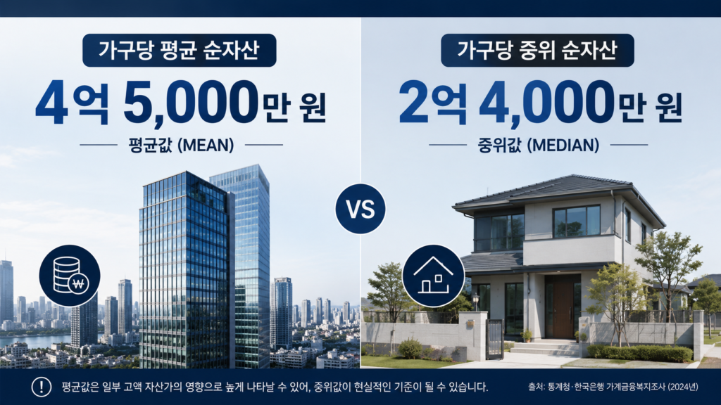 대한민국 가구의 평균 순자산과 중위 순자산의 현실적인 격차를 비교 분석한 요약 인포그래픽 이미지