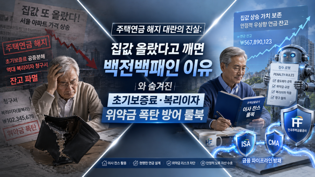 블루와 차분한 실버 그레이 배경 위에, 한쪽에는 집값이 올랐다는 뉴스 소음에 흔들려 무작정 주택연금을 해지했다가 초기보증료 공중분해와 억대 월복리 이자 청구서 방망이를 맞고 붉은색 잔고 파멸을 겪는 은퇴자의 찢어진 지갑이 보이고 다른 한쪽에는 징수 로봇의 패널티 규칙을 간파한 채 주택금융공사의 이사 찬스 룰북과 ISA/CMA 금융 파이프라인 방패를 장착하여 집값 상승 가치를 안전하게 보존하며 평온하게 우상향 연금 잔고를 수호해 가는 스마트한 자산가의 가계부 대장이 X자 구도로 배치되어 대조를 이루며, '주택연금 해지 대란의 진실: 집값 올랐다고 깨면 백전백패인 이유와 숨겨진 초기보증료·복리이자 위약금 폭탄 방어 룰북' 결합된 매거진 스타일 이미지