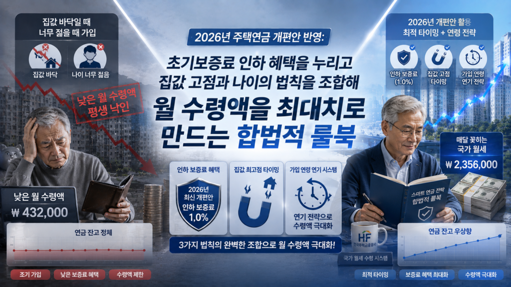 블루와 차분한 실버 그레이 배경 위에, 한쪽에는 집값이 바닥일 때와 나이가 너무 젊을 때 조급하게 가입하여 평생 낮은 월 수령액 낙인이 찍힌 채 붉은색 잔고 정체를 겪는 초보 은퇴자의 지갑이 보이고 다른 한쪽에는 2026년 최신 개편안 인하 보증료(1.0%) 방패와 집값 최고점 타이밍 자석, 그리고 가입 연령 연기 시스템을 정교하게 장착하여 매달 꽂히는 국가 월세를 극대화하고 평온하게 우상향 금융 자산 그래프를 수호해 가는 스마트한 자산가의 가계부 대장 그리고 '2026년 주택연금 개편안 반영: 초기보증료 인하 혜택을 누리고 집값 고점과 나이의 법칙을 조합해 월 수령액을 최대치로만드는 합법적 룰북' 매거진 스타일의 이미지