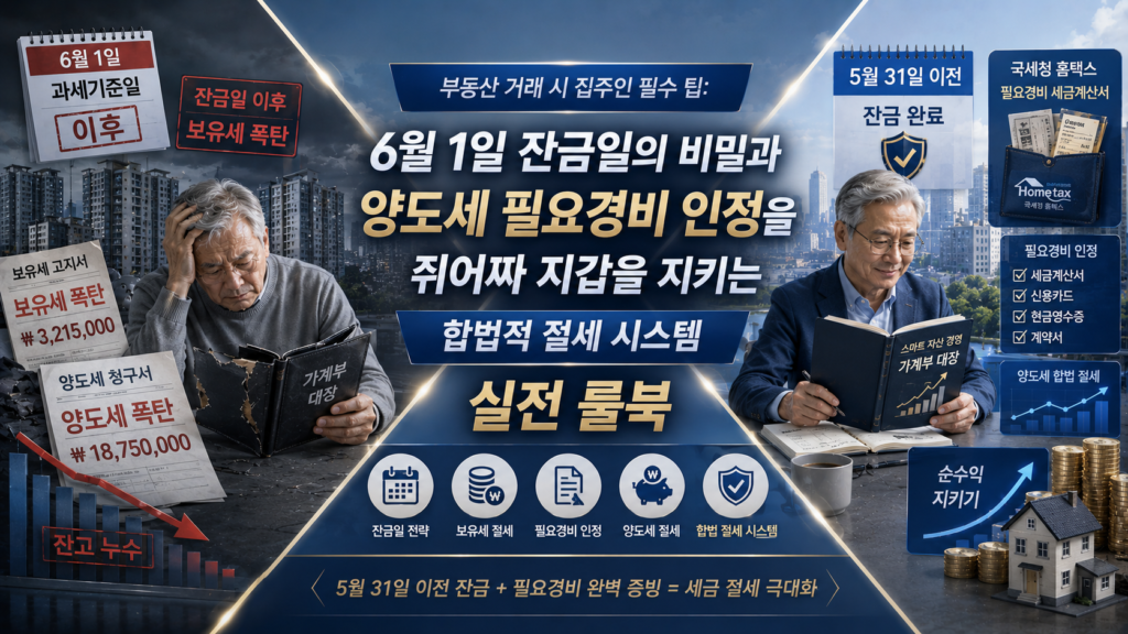 블루와 차분한 플래티넘 골드 배경 위에, 한쪽에는 6월 1일 과세기준일 이후로 잔금일을 잡아 보유세 폭탄을 맞고 영수증 증빙 누수로 양도세 폭탄 청구서까지 받아 붉은색 잔고 누수를 겪는 초보 매도인(집주인)의 찢어진 가계부 대장이 보이고 다른 한쪽에는 5월 31일 이전 잔금 완료 방패와 국세청 홈택스 필요경비 세금계산서 주머니를 단단히 장착하여 양도세를 합법적으로 깎아내고 평온하게 우상향 순수익 그래프를 수호해 가는 스마트한 자산 경영가(집주인)의 가계부 대장이 X자 구도로 배치되어 대조를 이루며, '부동산 거래 시 집주인 필수 팁: 6월 1일 잔금일의 비밀과 양도세 필요경비 인정을 쥐어짜 지갑을 지키는 합법적 절세 시스템 실전 룰북' 매거진 스타일 이미지