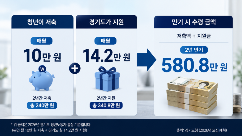청년 납입액과 경기도 매칭 지원금의 구조 및 최종 만기 금액을 직관적으로 비교한 요약 인포그래픽 이미지