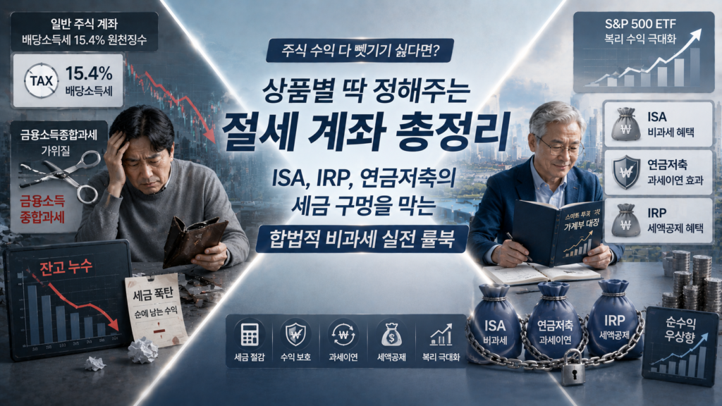 블루와 차분한 플래티넘 실버 배경 위에, 한쪽에는 일반 주식 계좌에서 배당소득세 15.4% 원천징수와 금융소득종합과세 가위질을 당해 붉은색 잔고 누수를 겪으며 낙담하는 개미 투자자의 지갑이 보이고 다른 한쪽에는 ISA 비과세 주머니, 연금저축 과세이연 방패, IRP 세액공제 가방을 3중 체인으로 단단히 결합하여 미국 S&P500 ETF의 복리 수익을 온전히 수호해 가는 스마트한 자산가의 가계부 대장이 X자 구도로 배치되어 대조를 이루며, '주식 수익 다 뺏기기 싫다면? 상품별 딱 정해주는 절세 계좌 총정리: ISA, IRP, 연금저축의 세금 구멍을 막는 합법적 비과세 실전 룰북' 매거진 스타일 이미지