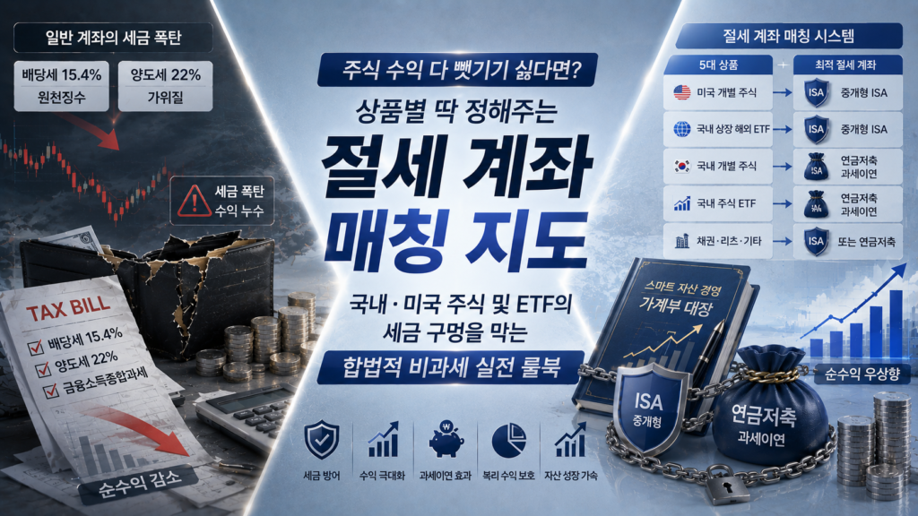 블루와 차분한 플래티넘 실버 배경 위에, 한쪽에는 미국 개별 주식과 국내 상장 해외 ETF를 일반 계좌에서 아무 생각 없이 샀다가 배당세 15.4% 원천징수와 양도세 22% 가위질을 당해 붉은색 잔고 누수를 겪으며 당황해하는 초보 투자자의 지갑이 보이고 다른 한쪽에는 5대 상품(개별주식, 국내상장해외ETF, 미국주식 등)별로 중개형 ISA 방패와 연금저축 과세이연 주머니를 자석처럼 정교하게 일대일 매칭하여 세금 징수 로봇의 공격을 완벽히 무력화하고 평온하게 우상향 순수익 그래프를 수호해 가는 스마트한 자산 경영가(투자자)의 가계부 대장이 X자 구도로 배치되어 대조를 이루며, '주식 수익 다 뺏기기 싫다면? 상품별 딱 정해주는 절세 계좌 매칭 지도: 국내·미국 주식 및 ETF의 세금 구멍을 막는 합법적 비과세 실전 룰북' 매거진 스타일의 요약 이미지