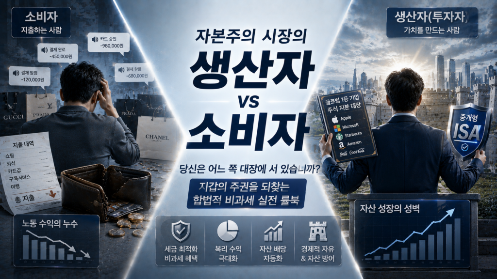 블루와 차분한 플래티넘 실버 배경 위에, 한쪽에는 화려한 명품 쇼핑백과 스마트폰 결제 알림 소음에 둘러싸여 노동 수익을 고스란히 지출하며 지갑의 누수를 겪는 하청업자형 소비자의 뒷모습이 보이고 다른 한쪽에는 스타벅스나 애플 등 글로벌 1등 기업의 주식 지분 대장과 중개형 ISA 방패를 양손에 쥐고 평온하게 나만의 부의 성벽을 경영해 나가는 플랫폼형 생산자의 모습이 X자 구도로 배치되어 대조를 이루며, 자본주의 시장의 생산자와 소비자: 당신은 어느 쪽 대장에 서 있습니까? 지갑의 주권을 되찾는 합법적 비과세 실전 룰북' 매거진 스타일의 요약 이미지