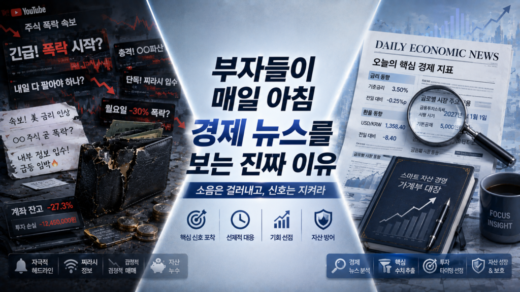 블루와 차분한 플래티넘 실버 배경 위에, 한쪽에는 유튜브의 자극적인 주가 폭락 썸네일과 찌라시 정보 등 자극적인 경제 소음에 영혼을 빼앗겨 갈팡질팡하다가 투자 타이밍을 놓치고 자산 누수를 겪는 초보 투자자의 지갑이 보이고 다른 한쪽에는 아침 일찍 차가운 경제 뉴스의 레이아웃 속에서 금리, 환율, 세법 개정 정책의 핵심 수치(숫자) 신호만을 돋보기로 정교하게 추출하여 스마트한 자산 경영가의 모습이 X자 구도로 배치되어 대조를 이루며, 부자들이 매일 아침 경제 뉴스를 보는 진짜 이유' 매거진 스타일의 간략 요약 이미지