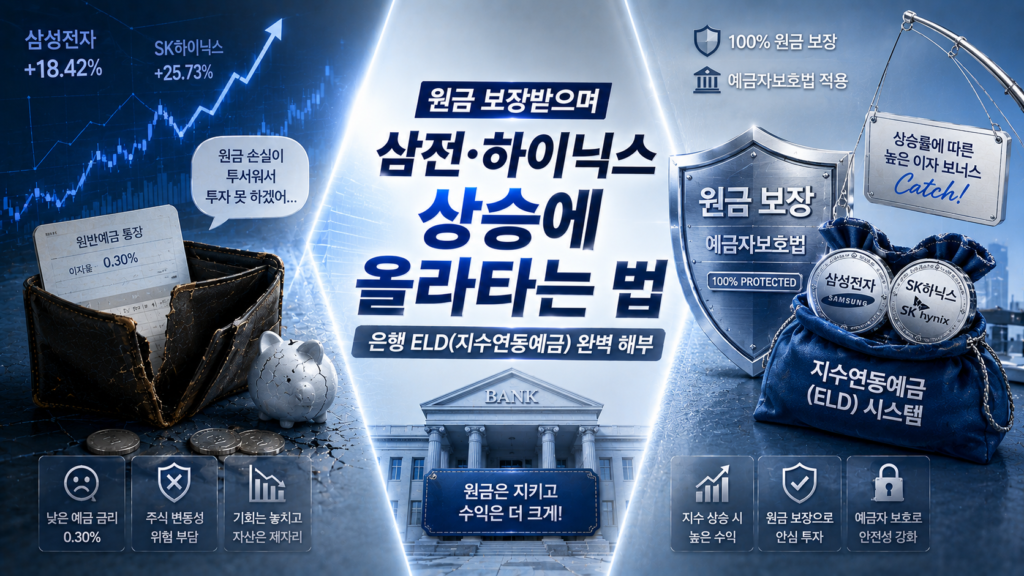 블루와 차분한 플래티넘 실버 배경 위에, 한쪽에는 최근 폭발적으로 상승하는 삼성전자와 SK하이닉스의 주가 그래프를 보며 원금 손실이 무서워 직접 주식을 사지 못하고 낡은 일반 예금 통장만 쥐고 낙담하는 보수적 초보 투자자의 지갑이 보이고 다른 한쪽에는 100% 원금 보장 및 예금자보호법이라는 단단한 강철 방패를 두른 채 은행의 지수연동예금(ELD) 시스템 주머니를 장전하여 주가 상승률에 따른 높은 이자 보너스를 평온하게 낚아채 가는 스마트한 자산 경영가의 모습이 X자 구도로 배치되어 대조를 이루며 원금 보장받으며 삼전·하이닉스 상승에 올라타는 법: 은행 ELD(지수연동예금) 완벽 해부' 금융 상품 칼럼 요약 이미지