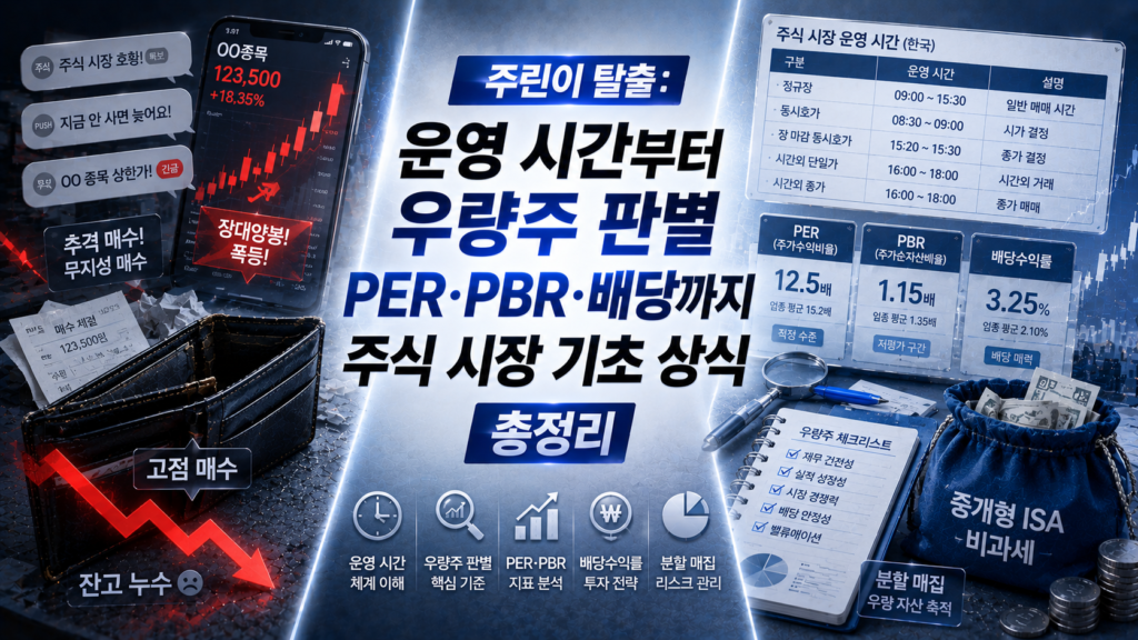 블루와 차분한 플래티넘 실버 배경 위에, 한쪽에는 주식 시장 호황이라는 뉴스 소음만 듣고 주식 앱을 켜서 장대양봉 차트의 빨간 불에 홀려 무지성 추격 매수를 하다가 고점에 물려 잔고 누수를 겪는 초보 투자자의 지갑이 보이고 다른 한쪽에는 주식 시장 운영 시간 체계 표와 PER, PBR 지표, 배당수익률 필터를 양손에 든 채 중개형 ISA 비과세 주머니 안에서 우량 자산을 평온하게 분할 매집해 가는 스마트한 자산 경영가의 가계부 대장이 X자 구도로 배치되어 대조를 이루며, 주린이 탈출 : 운영 시간부터 우량주 판별·PER·PBR·배당까지 주식 시장 기초 상식 총정리' 매거진 스타일의 요약 이미지