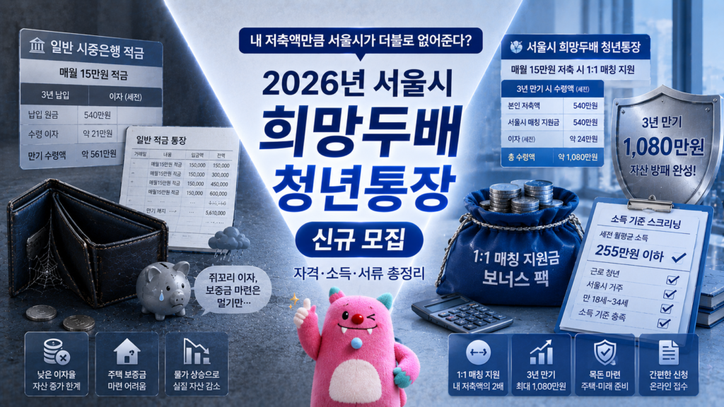 블루와 차분한 플래티넘 실버 배경 위에, 한쪽에는 매달 15만 원씩 일반 시중은행 적금에 넣었다가 쥐꼬리만 한 이자 소득만 얻고 주택 보증금 마련에 한계를 느끼며 자산 누수를 겪는 초보 청년의 텅 빈 지갑이 보이고 다른 한쪽에는 서울시 희망두배 청년통장의 1:1 매칭 지원금 보너스 팩과 세전 월평균 소득 255만 원 이하 스크리닝 대조표를 양손에 든 채 3년 만기 1,080만 원 자산 방패를 평온하게 완성해 가는 스마트한 청년 자산가의 가계부 대장이 X자 구도로 배치되어 대조를 이루며, '내 저축액만큼 서울시가 더블로 얹어준다? 여기에 핑크색의 서울시 해치 마스코트 넣어서 2026년 서울시 희망두배 청년통장 신규 모집 자격·소득·서류 총정리' 매거진 스타일의 요약 이미지