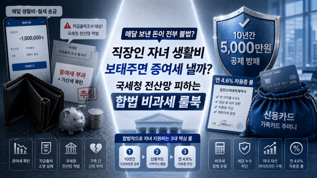 블루와 차분한 플래티넘 실버 배경 위에, 한쪽에는 소득이 있는 직장인 자녀의 은행 통장에 매달 '생활비·월세' 명목으로 현금을 무심코 송금했다가 추후 자금출처조사에서 국세청에 발각되어 세금 가위질과 가산세 폭탄을 맞고 낙담하는 초보 투자자 가족의 지갑이 보이고 다른 한쪽에는 10년간 5,000만 원 공제 방패와 신용카드 가족카드 주머니, 연 4.6% 차용증 룰을 양손에 든 채 세금 누수 없이 자녀의 자산 파이프라인을 구축하는 스마트한 자산 경영가의 가계부 대장이 X자 구도로 배치되어 대조를 이루며, '매달 보낸 돈이 전부 불법? 직장인 자녀 생활비 보태주면 증여세 낼까? 국세청 전산망 피하는 합법 비과세 룰북' 매거진 스타일의 이미지