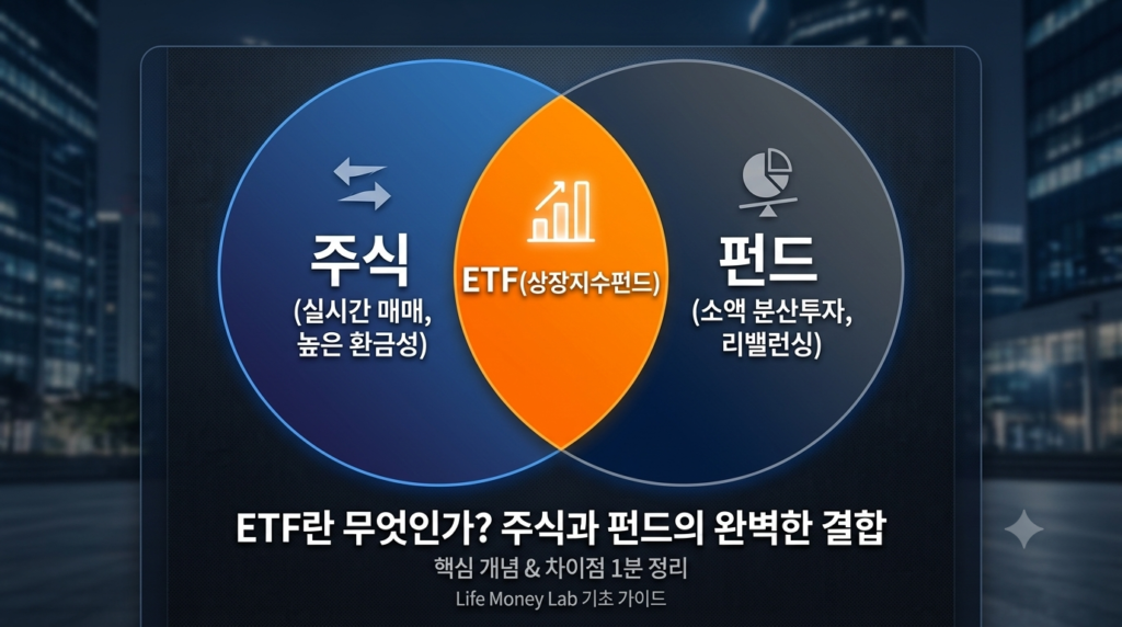 주식의 장점과 펀드의 장점이 결합하여 탄생한 ETF의 구조를 시각화한 벤다이어그램 인포그래픽 이미지