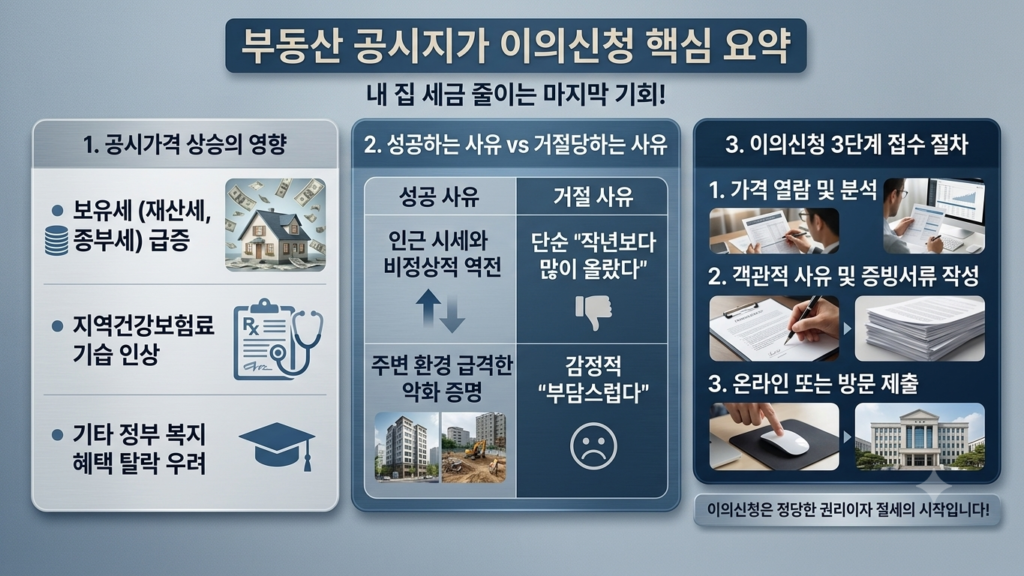 공시가격 상승이 재산세, 종합부동산세, 지역건강보험료 인상에 미치는 영향과 인근 시세 역전 등 이의신청 성공 및 거절 사유, 그리고 부동산공시가격알리미를 통한 3단계 접수 절차를 설명하고,부동산 공시지가 이의신청 핵심 요약을 담은 Life Money Lab의 블루 그레이 톤 정보성 그래픽 이미지