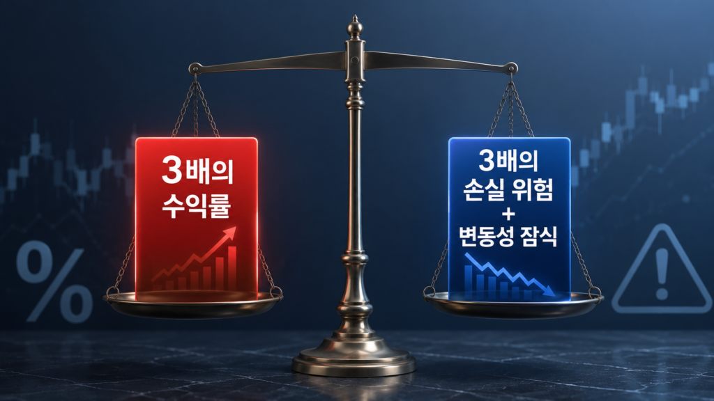 저울 좌측에는 빨간색으로 "3배의 수익률", 우측에는 파란색으로 "3배의 손실 위험 + 변동성 잠식"이라는 문구를 배치하여 위험성을 시각적으로 대조한 카드뉴스 이미지