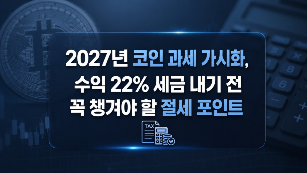 배경에 비트코인 로고와 계산기 아이콘을 흐릿하게 배치하고, 중앙에 굵은 글씨로 **"2027년 코인 과세 가시화, 수익 22% 세금 내기 전 꼭 챙겨야 할 절세 포인트"**라는 문구를 배치한 직관적인 카드형 이미지
