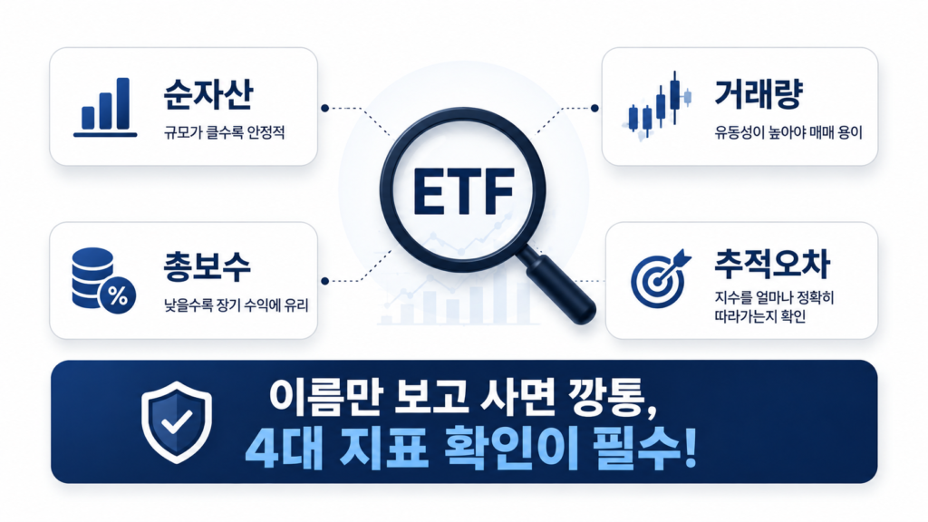 깔끔한 화이트 배경에 돋보기 아이콘을 중심으로 **"순자산, 거래량, 총보수, 추적오차"**라는 4가지 키워드를 사방에 배치하고, 하단에 **"이름만 보고 사면 깡통, 4대 지표 확인이 필수!"**라는 문구를 강조한 카드형 이미지