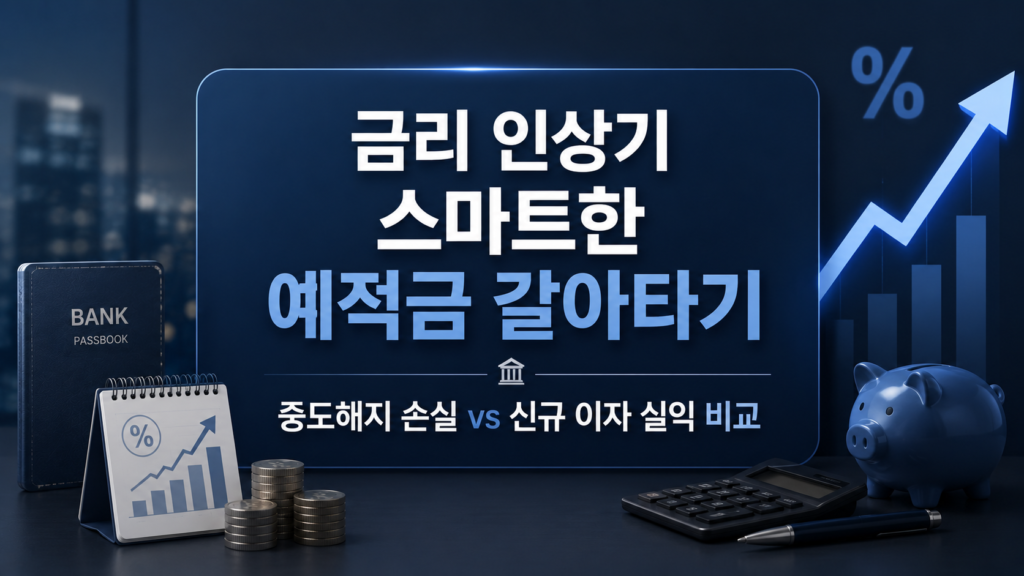 상승하는 금리 화살표 위에 **"금리 인상기 스마트한 예적금 갈아타기"**라는 타이틀과 "중도해지 손실 vs 신규 이자 실익 비교" 문구가 들어간 카드형 이미지