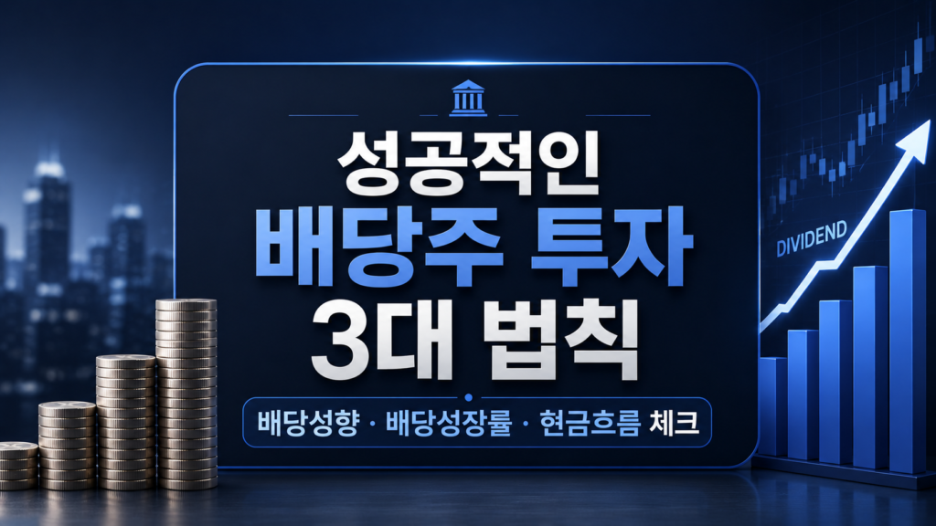 차곡차곡 쌓이는 동전 타워와 우상향하는 배당금 그래프 배경 위에 **"성공적인 배당주 투자 3대 법칙"**이라는 메인 문구와 "배당성향 · 배당성장률 · 현금흐름 체크" 소제목이 들어간 타이포그라피 이미지