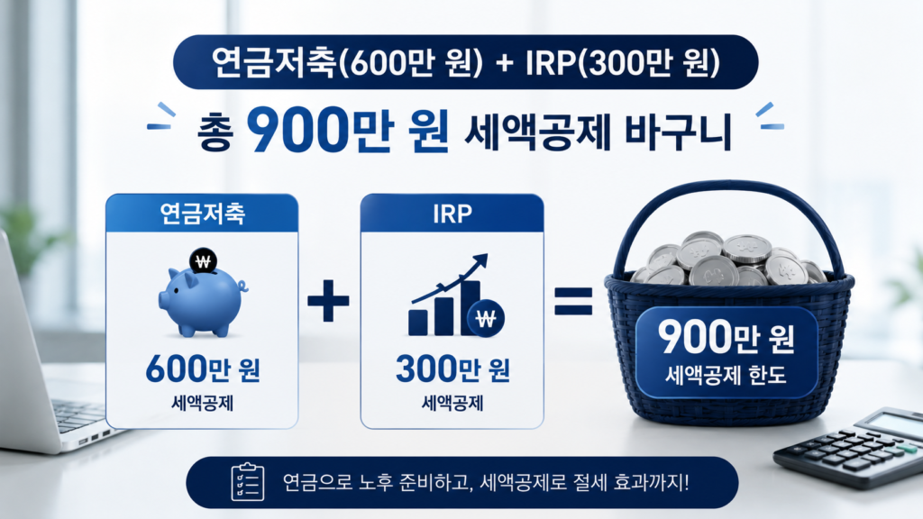 연금저축 600만원과 irp 300만원 합계 총 900만원 세액공제 한도를 정리한 이미지