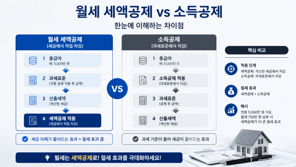 월세 세액공제(세금에서 직접 차감)와 소득공제(과세표준에서 차감)의 차이점을 직관적인 화살표나 상자로 비교한 그래픽 이미지