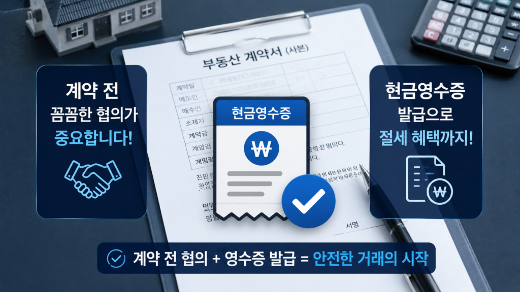 계약서 사본 위에 현금영수증 아이콘과 체크마크가 표시되어 있는 일러스트로, 계약 전 협의와 영수증 발급의 중요성을 강조하는 이미지
