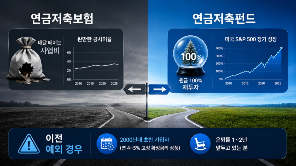 연금저축보험와 연금저축펀드의 장단점, 차이점을 표현하고 이전 예외경우를 알려주는 이미지