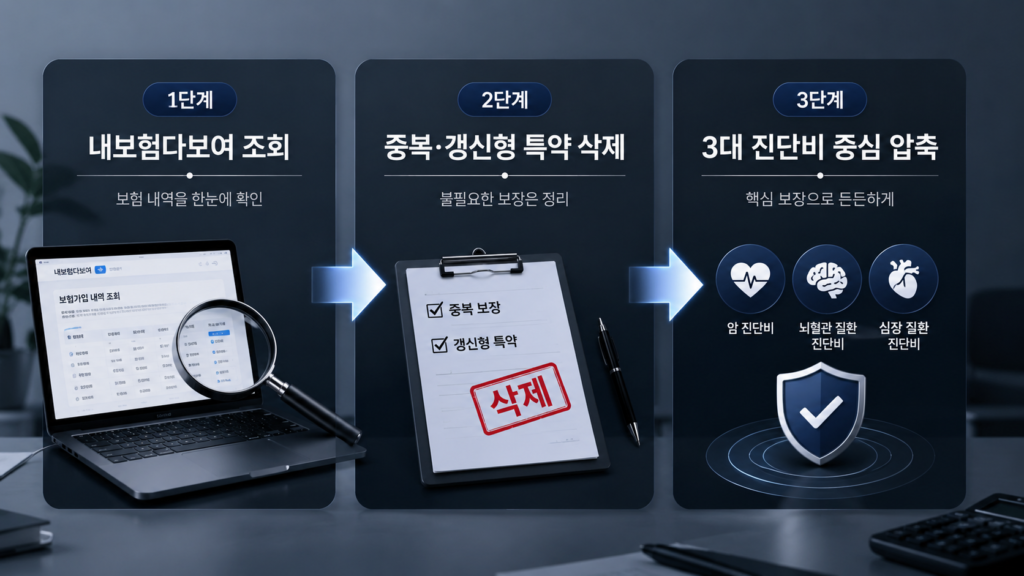 깔끔한 다크 그레이 톤의 3단 카드 뉴스 형태로, 좌측부터 '1단계: 내보험다보여 조회' ➔ '2단계: 중복·갱신형 특약 삭제' ➔ '3단계: 3대 진단비 중심 압축'이라는 흐름의 직관적인 화살표와 픽토그램 이미지