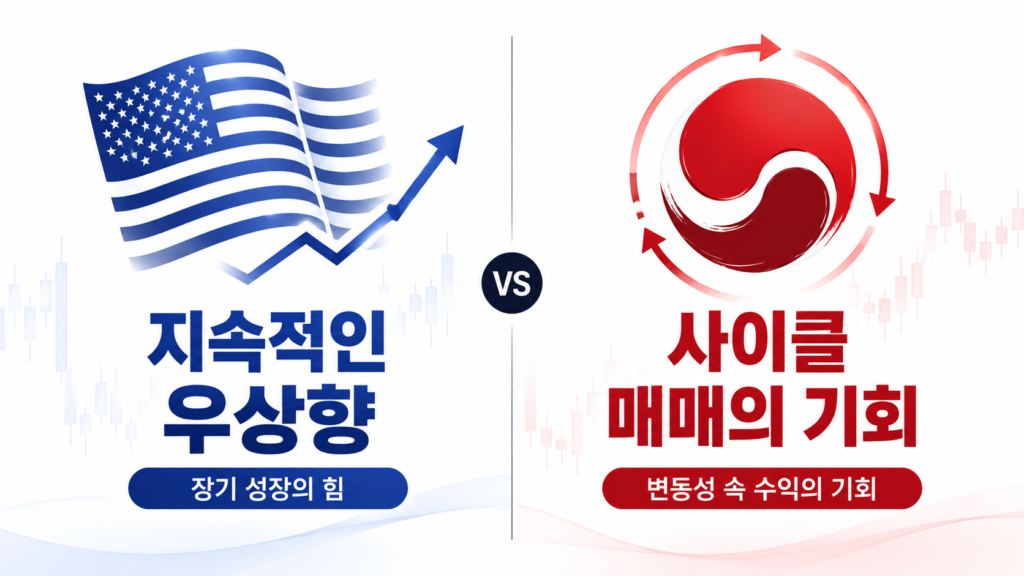 좌측에는 파란색 미국 성조기 아이콘과 "지속적인 우상향", 우측에는 빨간색 태극 문양 아이콘과 "사이클 매매의 기회"라는 문구를 대조적으로 배치한 직관적인 1:1 정사각형 카드뉴스 이미지