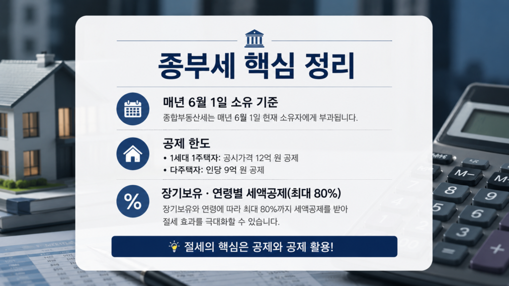 종합부동산세(종부세) 완벽 정리"**라는 메인 타이틀과 "12억 원 공제 · 장기보유 세액공제 활용법" 소제목이 포함된 카드형 이미지
