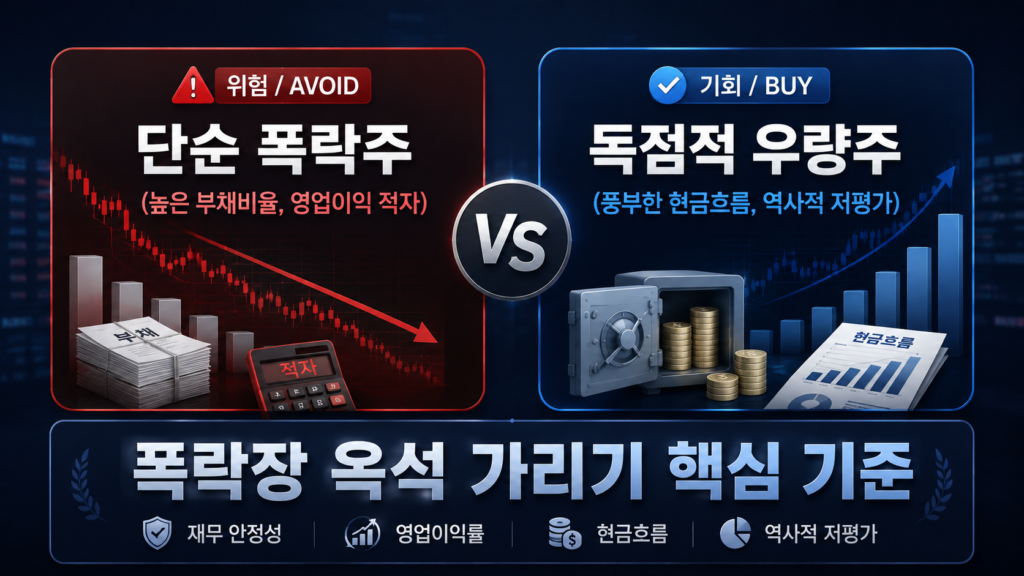 좌측 (위험/Avoid): 빨간색 톤 배경에 "단순 폭락주 (높은 부채비율, 영업이익 적자)" 우측 (기회/Buy): 신뢰감을 주는 파란색 톤 배경에 "독점적 우량주 (풍부한 현금흐름, 역사적 저평가)" 중앙에는 "VS" 문구와 함께 하단에 "폭락장 옥석 가리기 핵심 기준" 헤드카피가 배치된 시각화 카드형 이미지